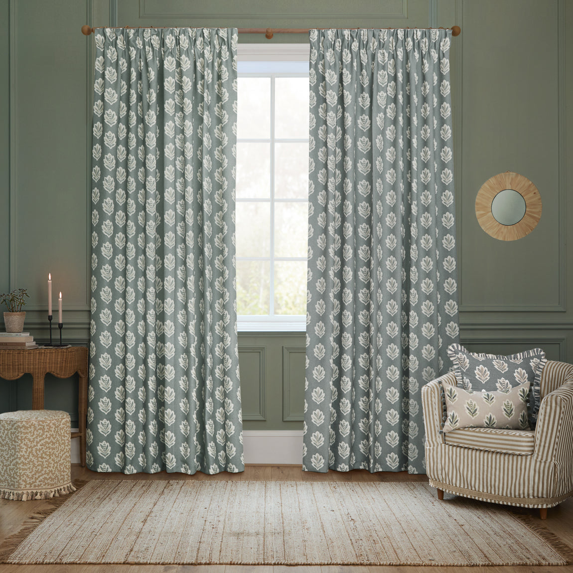Sanderson Sessile Leaf Printed Ready Made Pencil Pleat Curtains Delph Blue