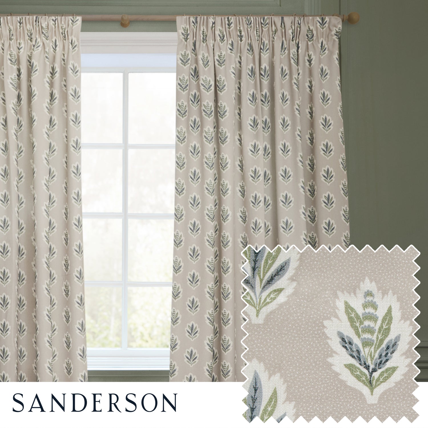Sanderson Sessile Leaf Printed Ready Made Pencil Pleat Curtains Flax