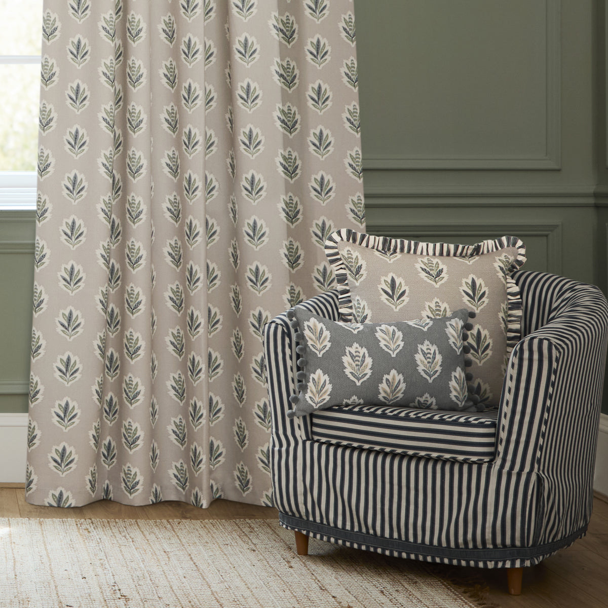 Sanderson Sessile Leaf Printed Ready Made Pencil Pleat Curtains Flax