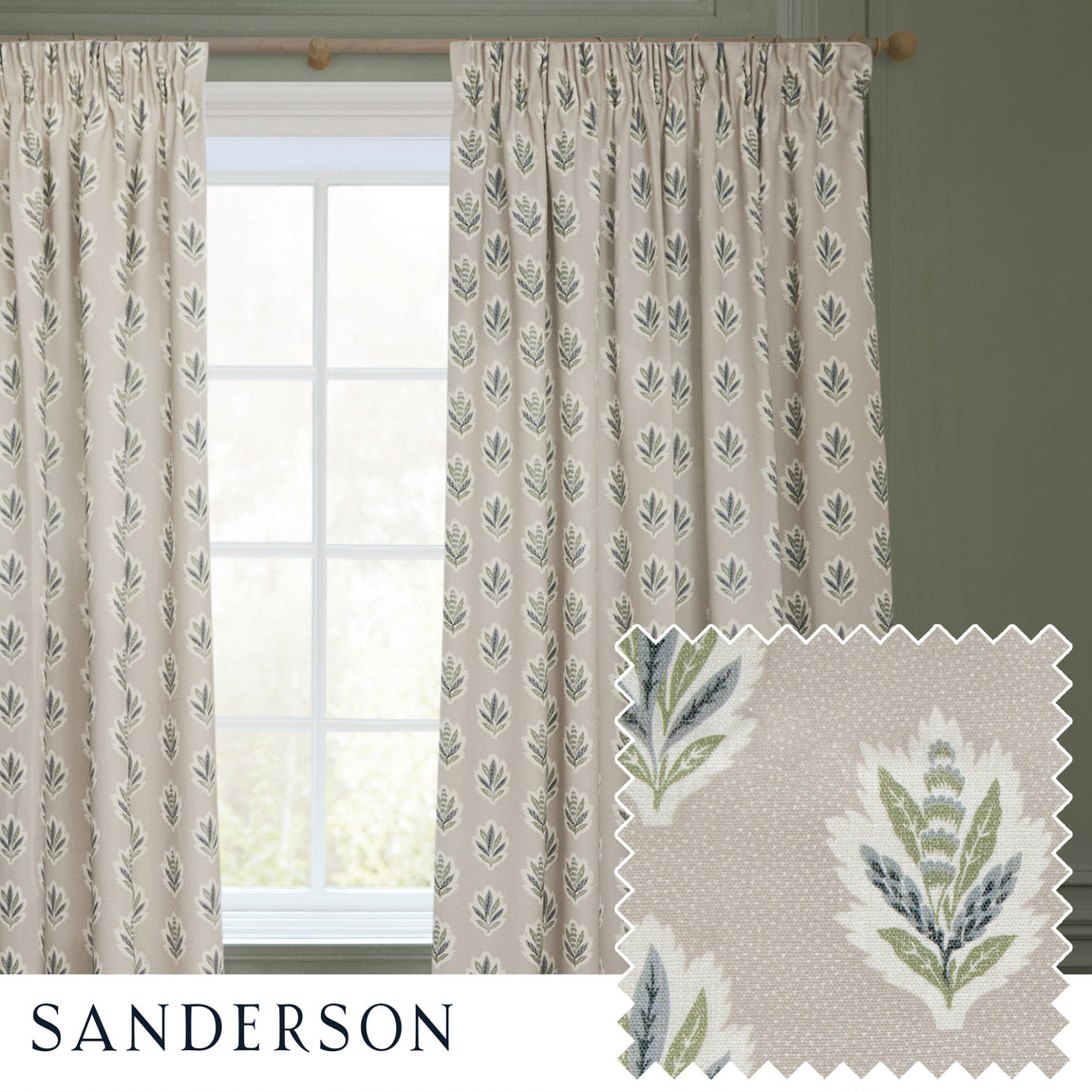 Sanderson Sessile Leaf Printed Ready Made Pencil Pleat Curtains Flax