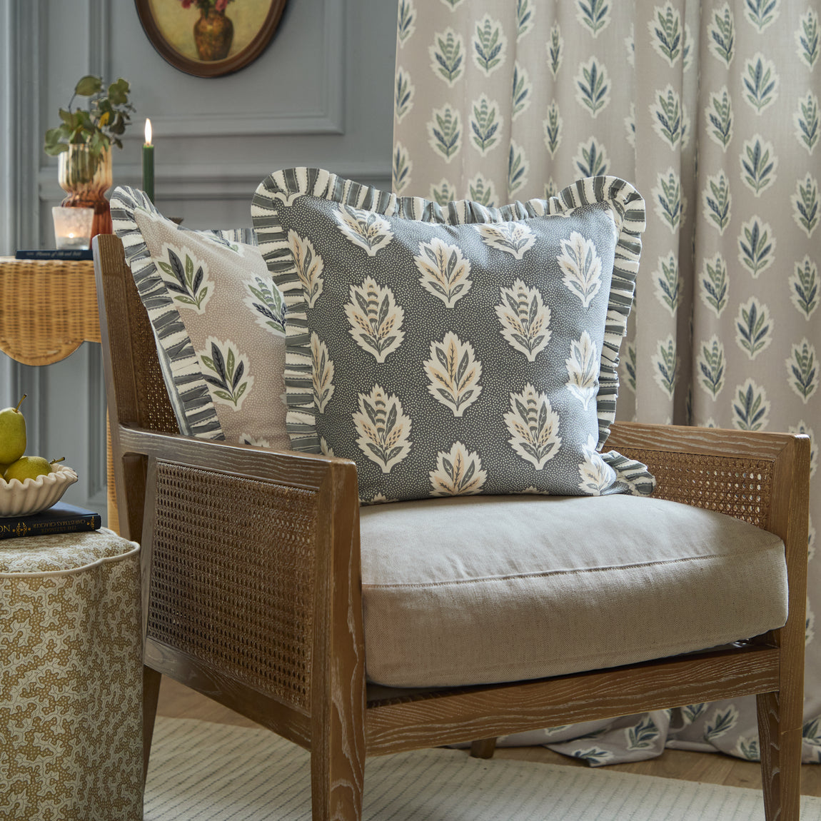 Sanderson Sessile Leaf Ruffle Trim 50cm x 50cm Filled Cushion Flax