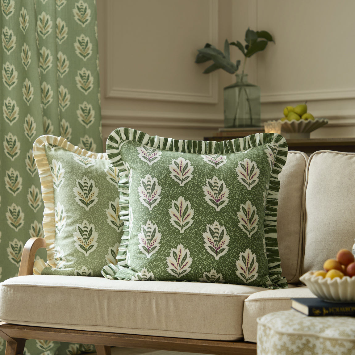 Sanderson Sessile Leaf Ruffle Trim 50cm x 50cm Filled Cushion Sage