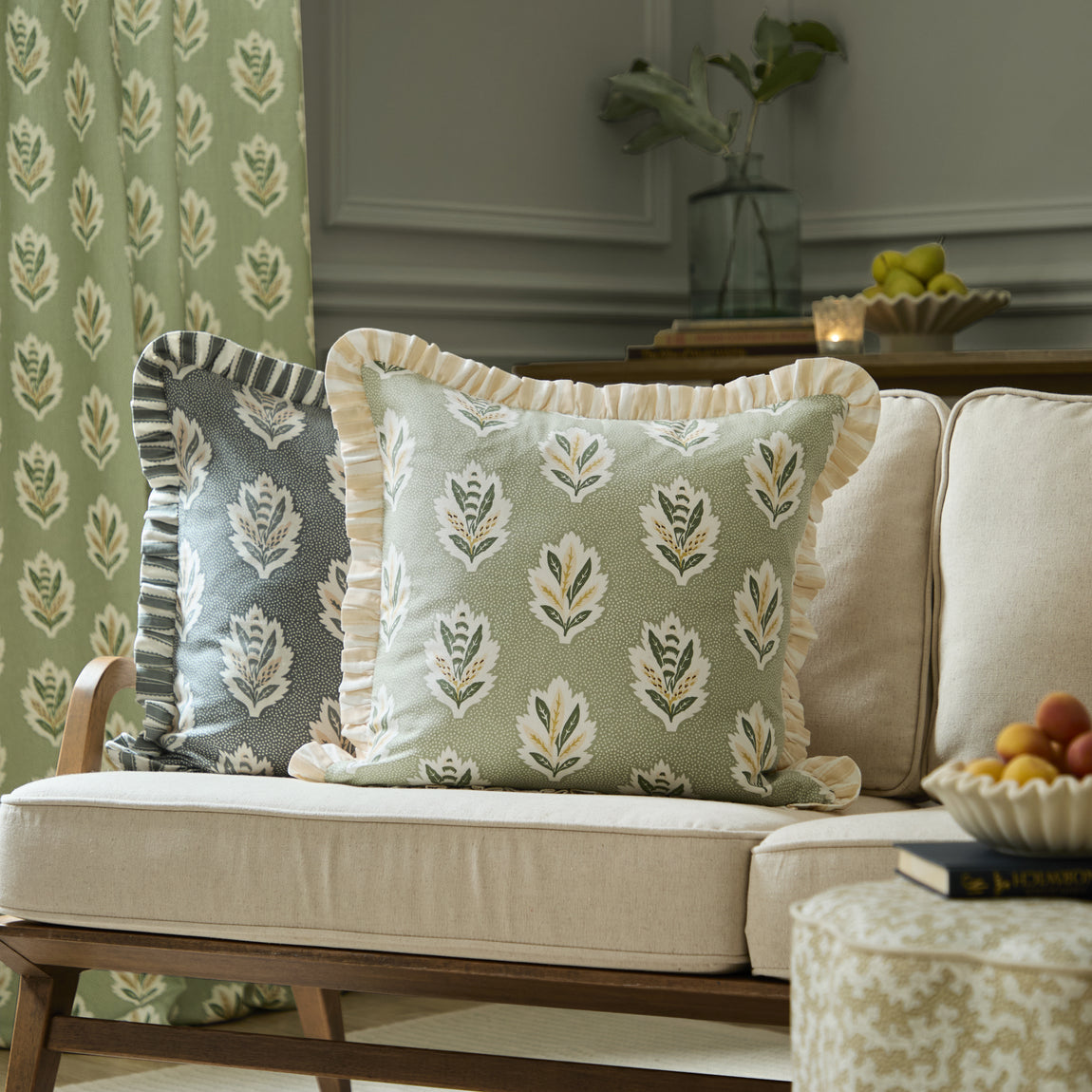 Sanderson Sessile Leaf Ruffle Trim 50cm x 50cm Filled Cushion Sage