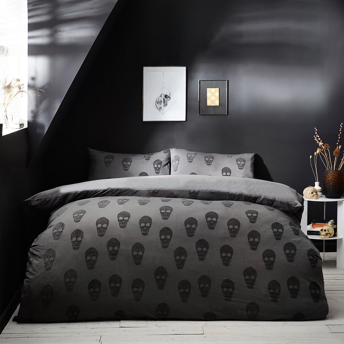 Furn Skulls Tufted 100% Cotton Duvet Cover Bedding Set Charcoal