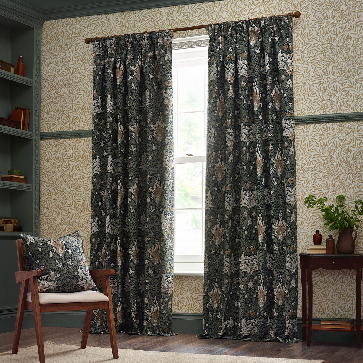 Morris & Co. Snakeshead Jacquard Chenille Ready Made Pencil Pleat Curtains Indigo Leaf