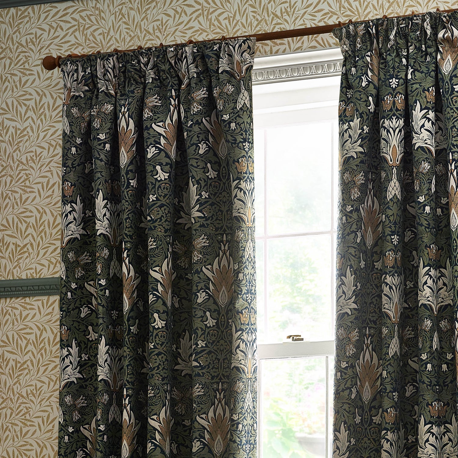 Morris & Co. Snakeshead Jacquard Chenille Ready Made Pencil Pleat Curtains Indigo Leaf
