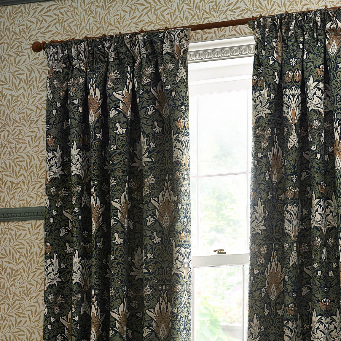 Morris & Co. Snakeshead Jacquard Chenille Ready Made Pencil Pleat Curtains Indigo Leaf