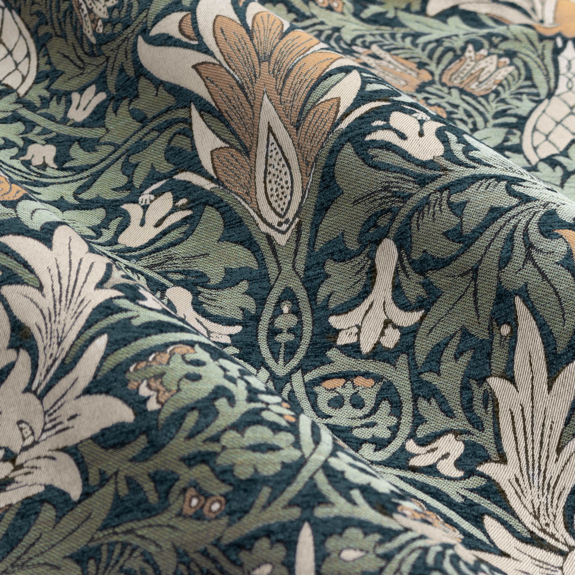 Morris & Co. Snakeshead Jacquard Chenille Ready Made Pencil Pleat Curtains Indigo Leaf