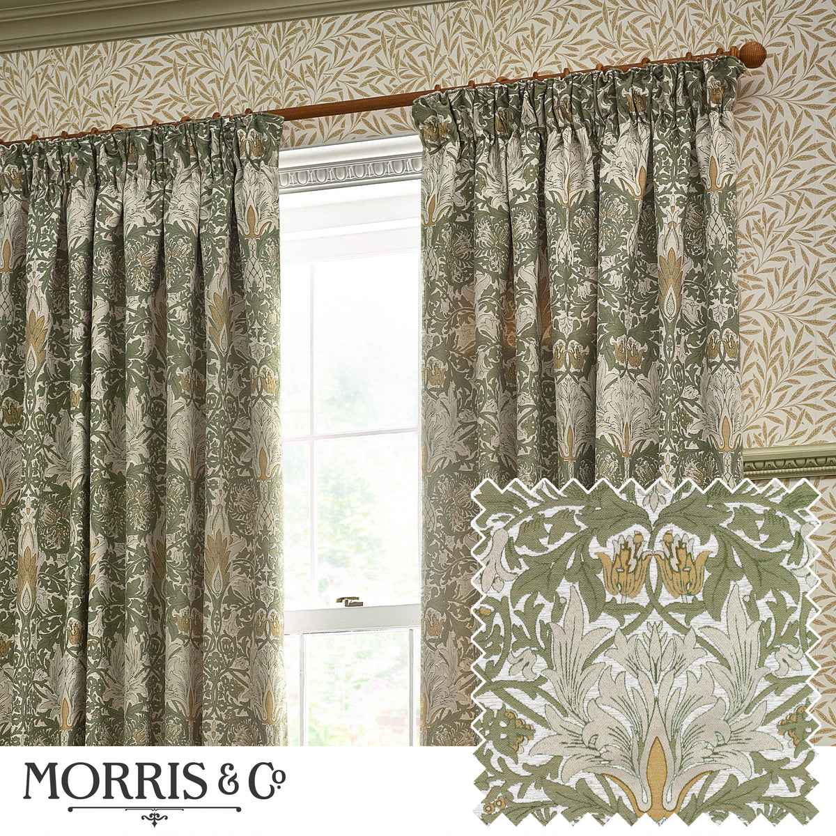 Morris & Co. Snakeshead Jacquard Chenille Ready Made Pencil Pleat Curtains Sunflower Stone