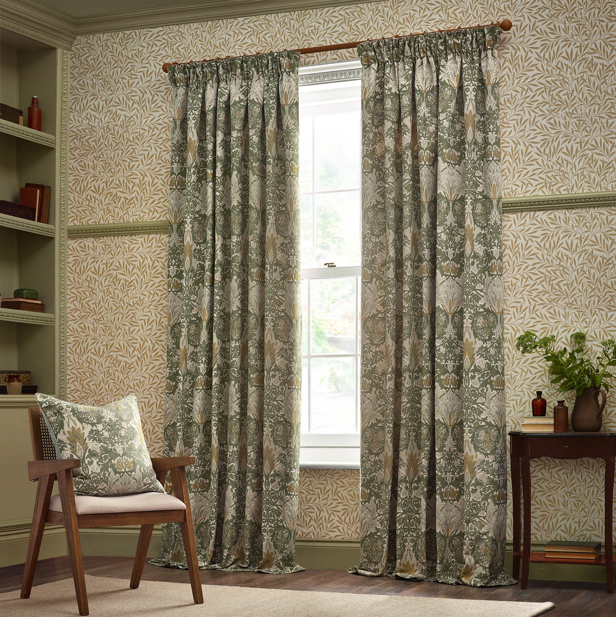 Morris & Co. Snakeshead Jacquard Chenille Ready Made Pencil Pleat Curtains Sunflower Stone