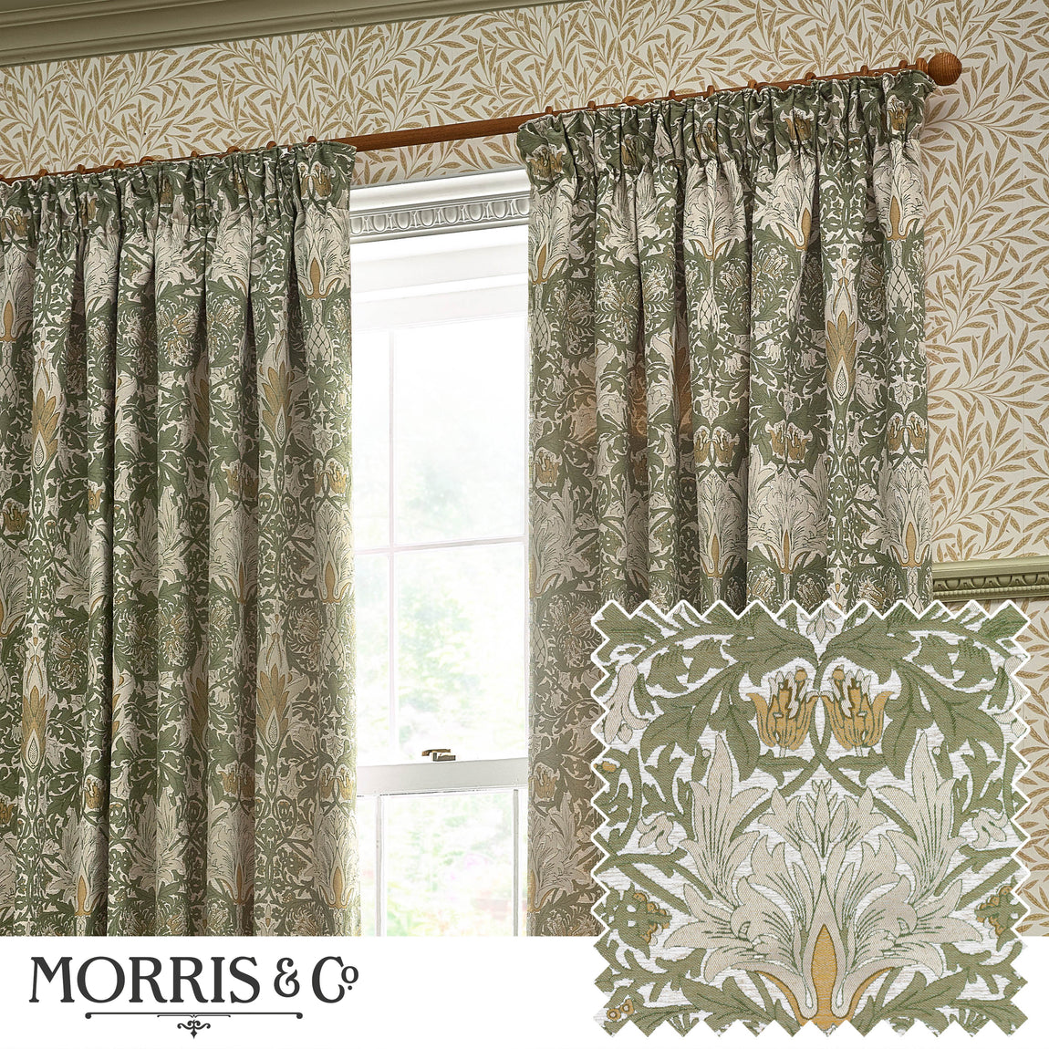 Morris & Co. Snakeshead Jacquard Chenille Ready Made Pencil Pleat Curtains Sunflower Stone
