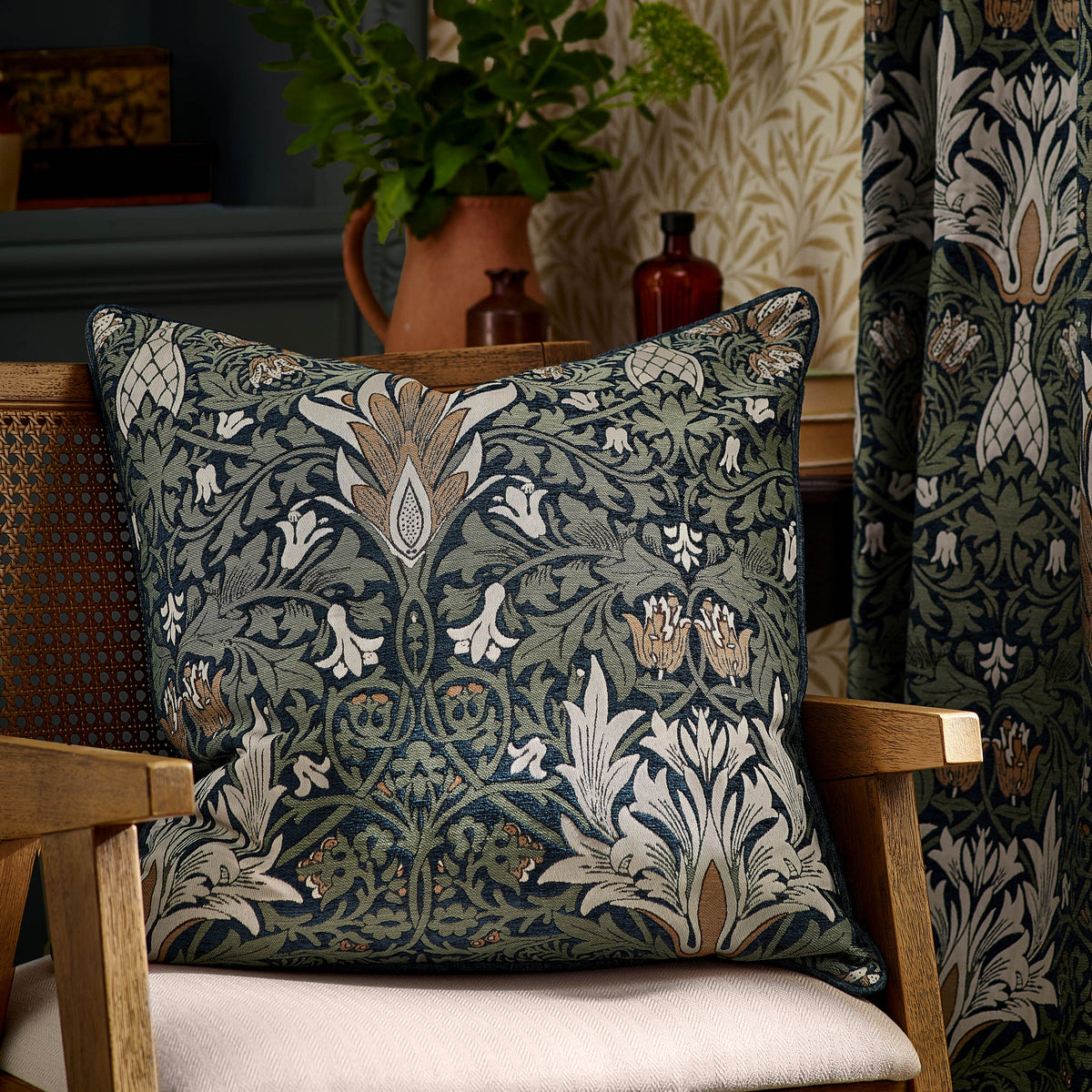 Morris & Co. Snakes Head Chenille 55cm x 55cm Filled Cushion Indigo Leaf Green