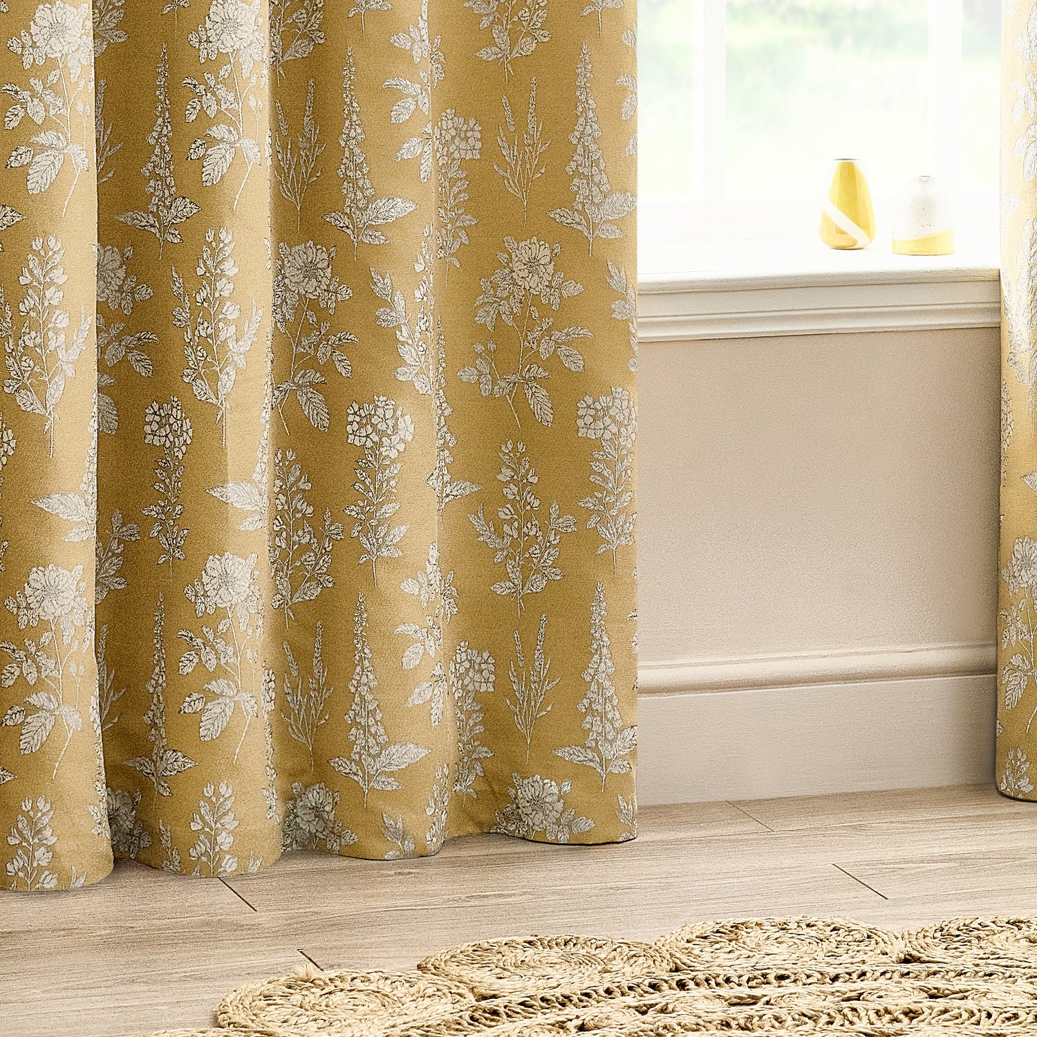 Wylder Nature Sophia Floral Jacquard Ready Made Eyelet Curtains Gold