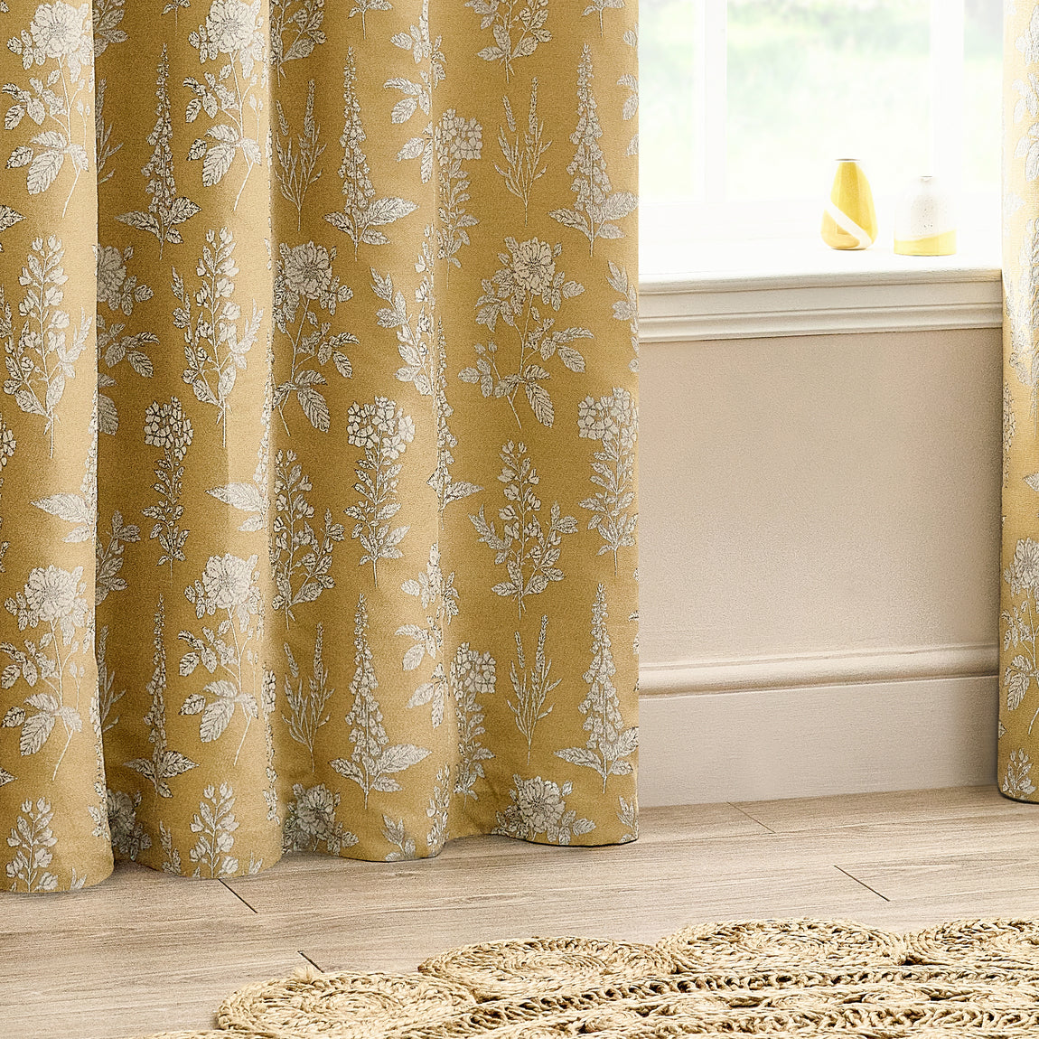 Wylder Nature Sophia Floral Jacquard Ready Made Eyelet Curtains Gold