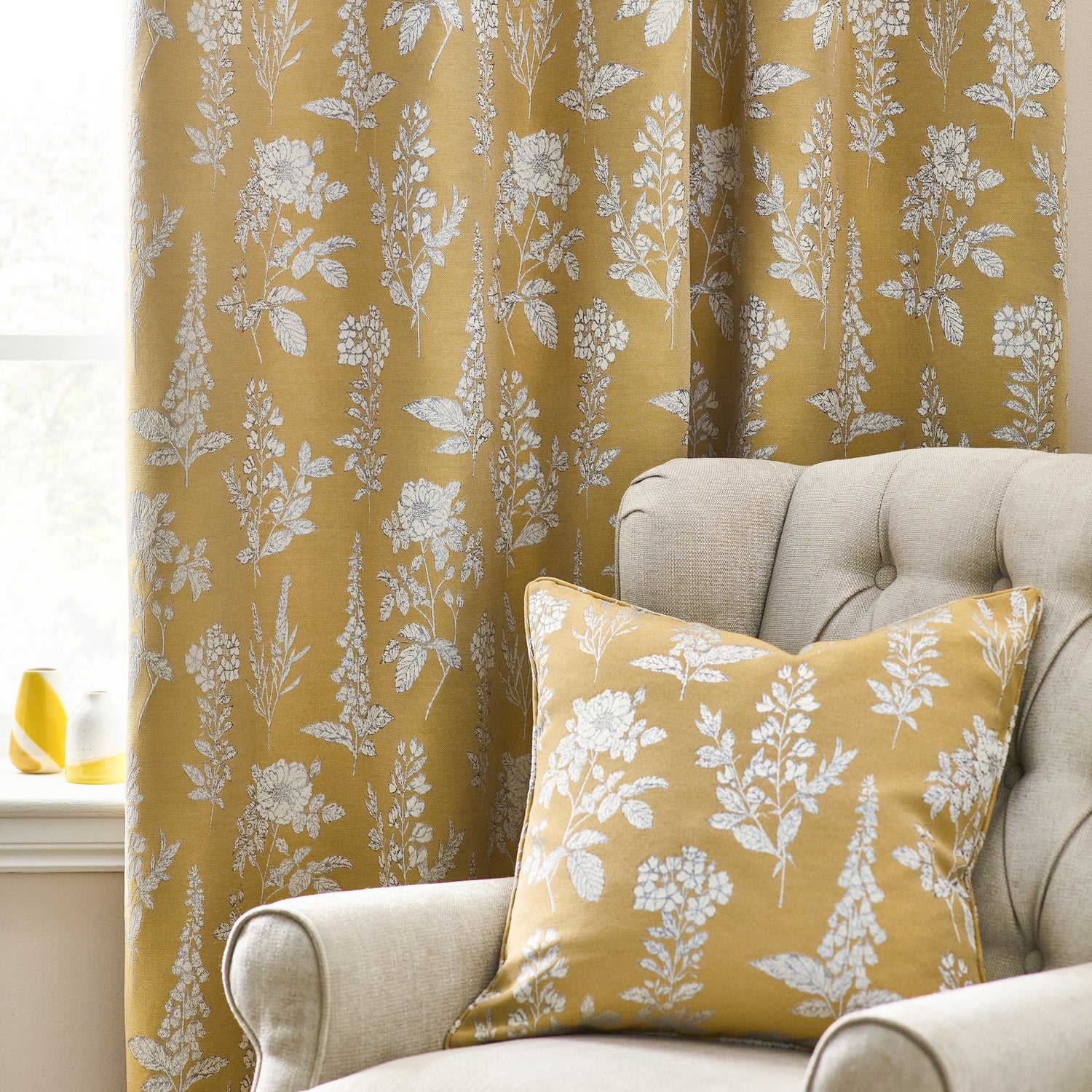 Wylder Nature Sophia Floral Jacquard Ready Made Eyelet Curtains Gold