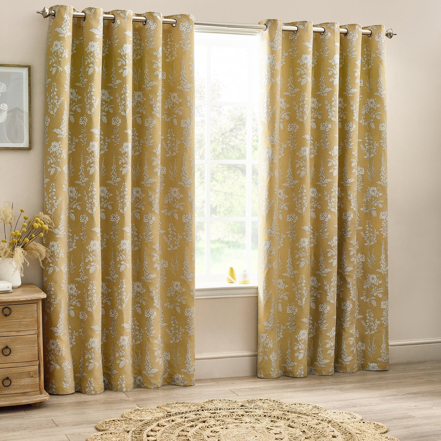 Wylder Nature Sophia Floral Jacquard Ready Made Eyelet Curtains Gold