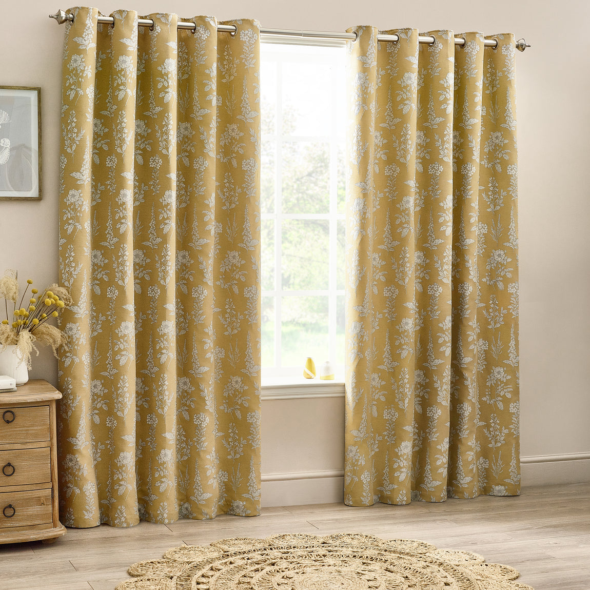 Wylder Nature Sophia Floral Jacquard Ready Made Eyelet Curtains Gold