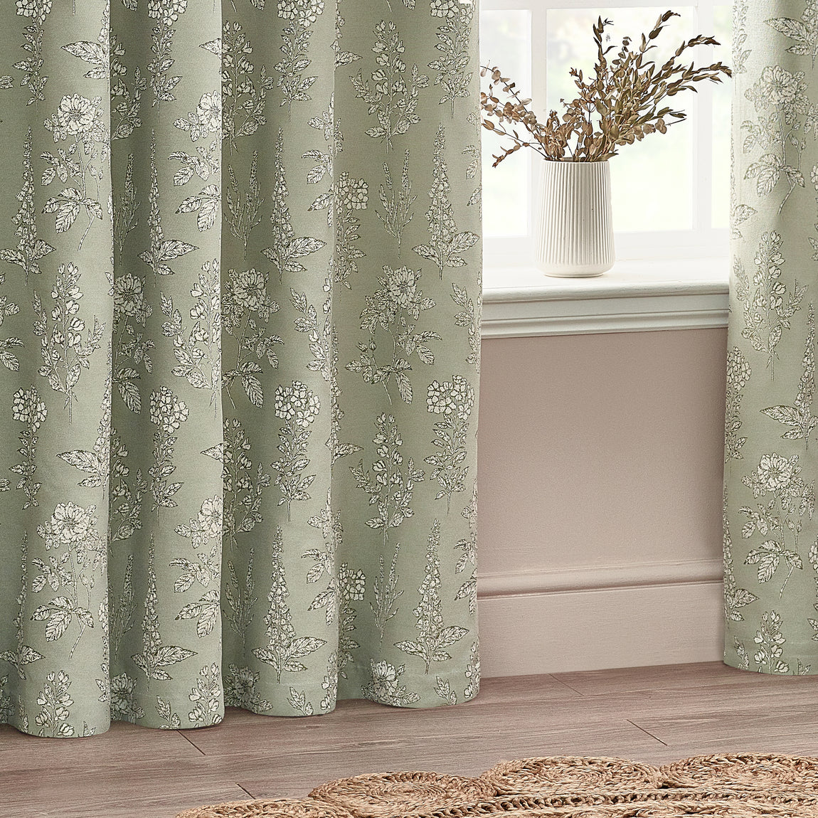 Wylder Nature Sophia Floral Jacquard Ready Made Eyelet Curtains Sage