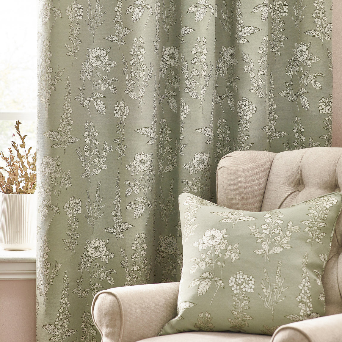 Wylder Nature Sophia Floral Jacquard Ready Made Eyelet Curtains Sage