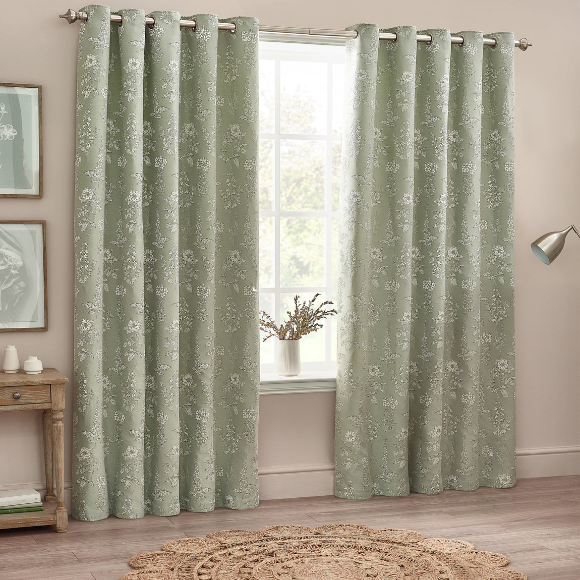 Wylder Nature Sophia Floral Jacquard Ready Made Eyelet Curtains Sage