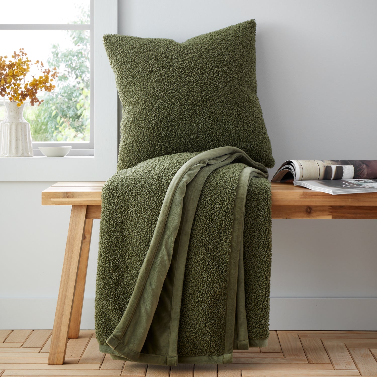 Catherine Lansfield So Soft Velvet Boucle 130cm x 170cm Throw Olive