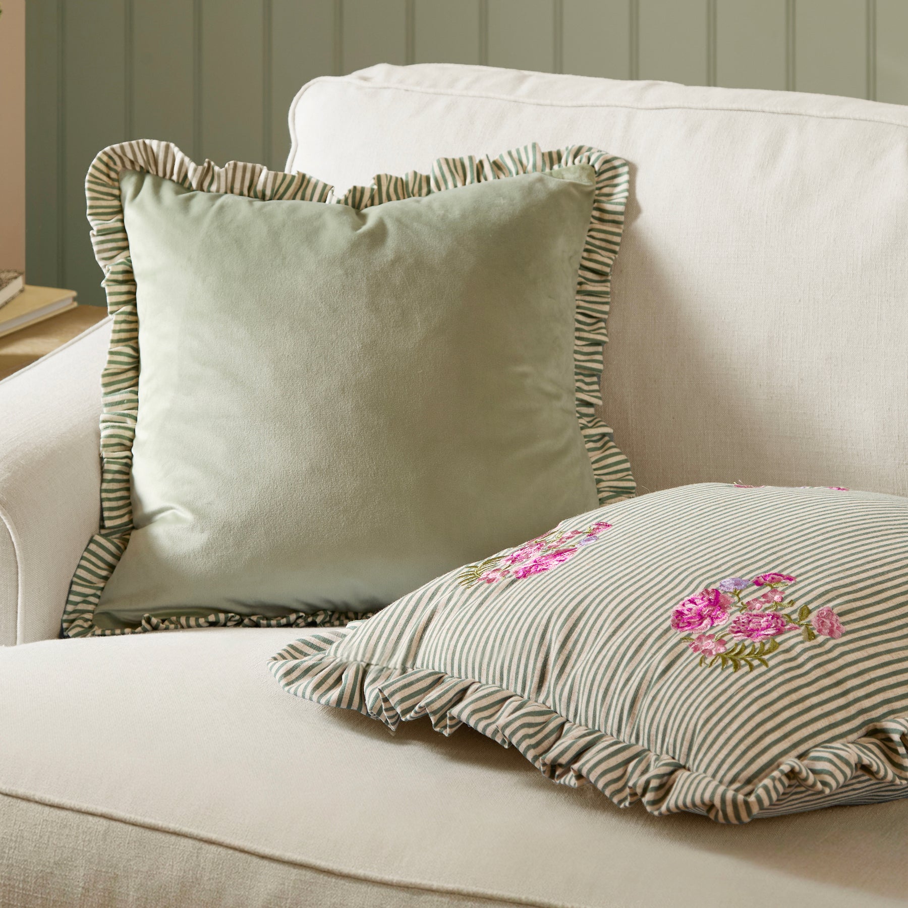 Wylder Solene Ruffle Matte Velvet 45cm x 45cm Filled Cushion Sage