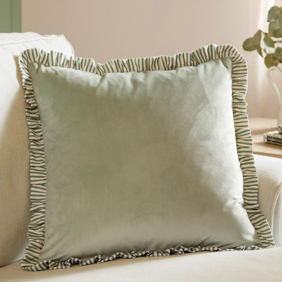 Wylder Solene Ruffle Matte Velvet 45cm x 45cm Filled Cushion Sage