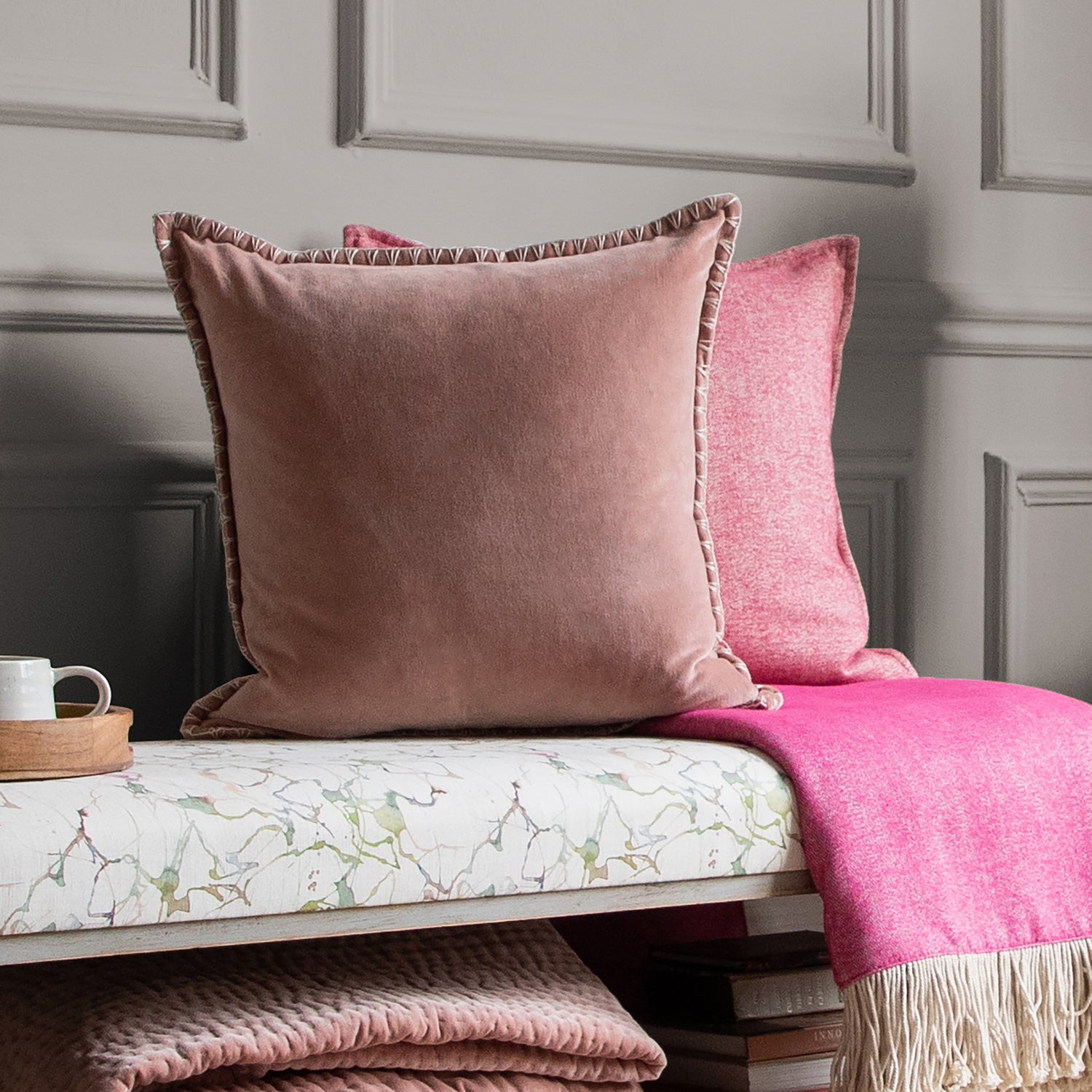 Voyage Maison Stitch Embroidered Velvet Feather Filled Cushion 50cm x 50cm Coral