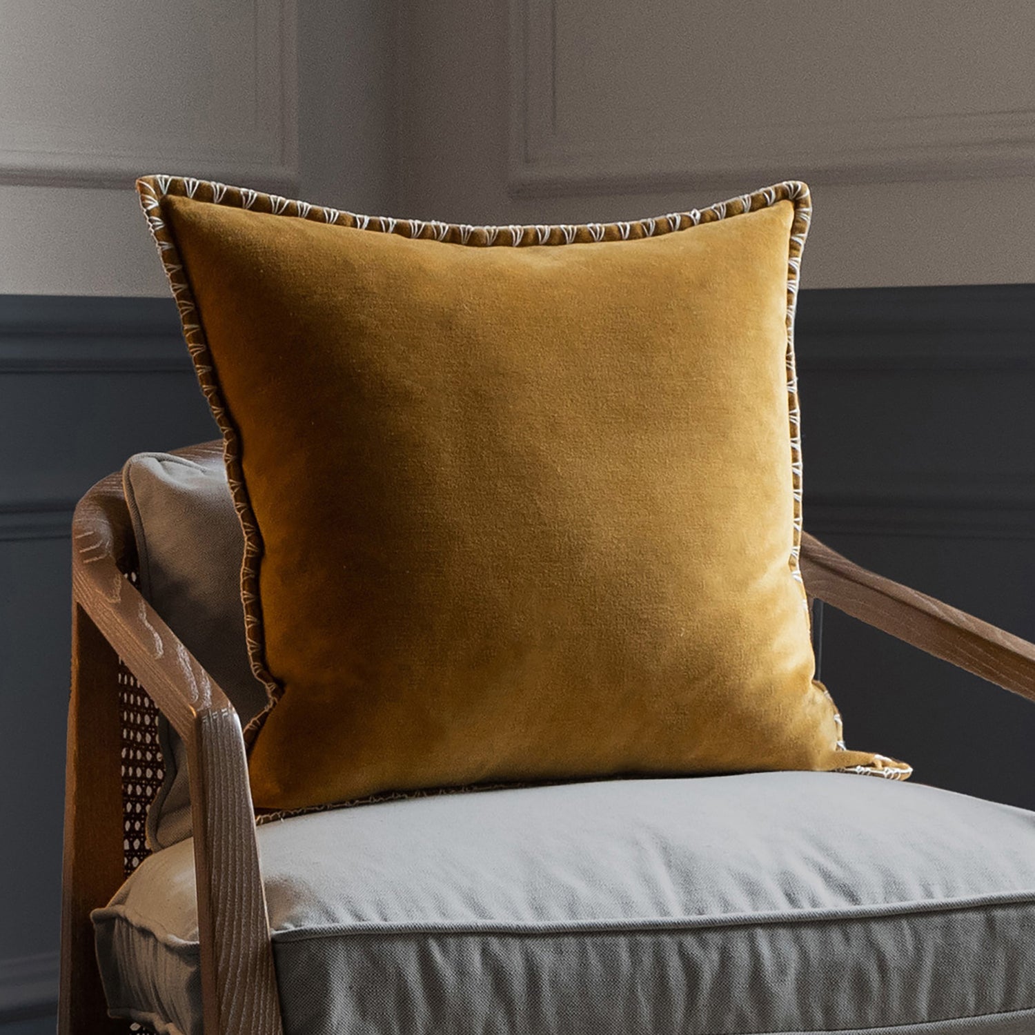 Voyage Maison Stitch Embroidered Velvet Feather Filled Cushion 50cm x 50cm Mustard