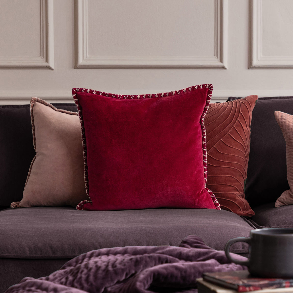 Voyage Maison Stitch Embroidered Velvet Feather Filled Cushion 50cm x 50cm Pomegranate