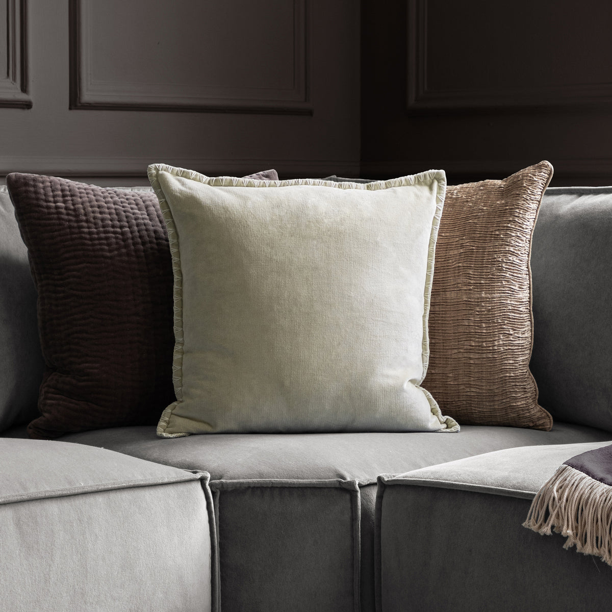 Voyage Maison Stitch Embroidered Velvet Feather Filled Cushion 50cm x 50cm Quartz