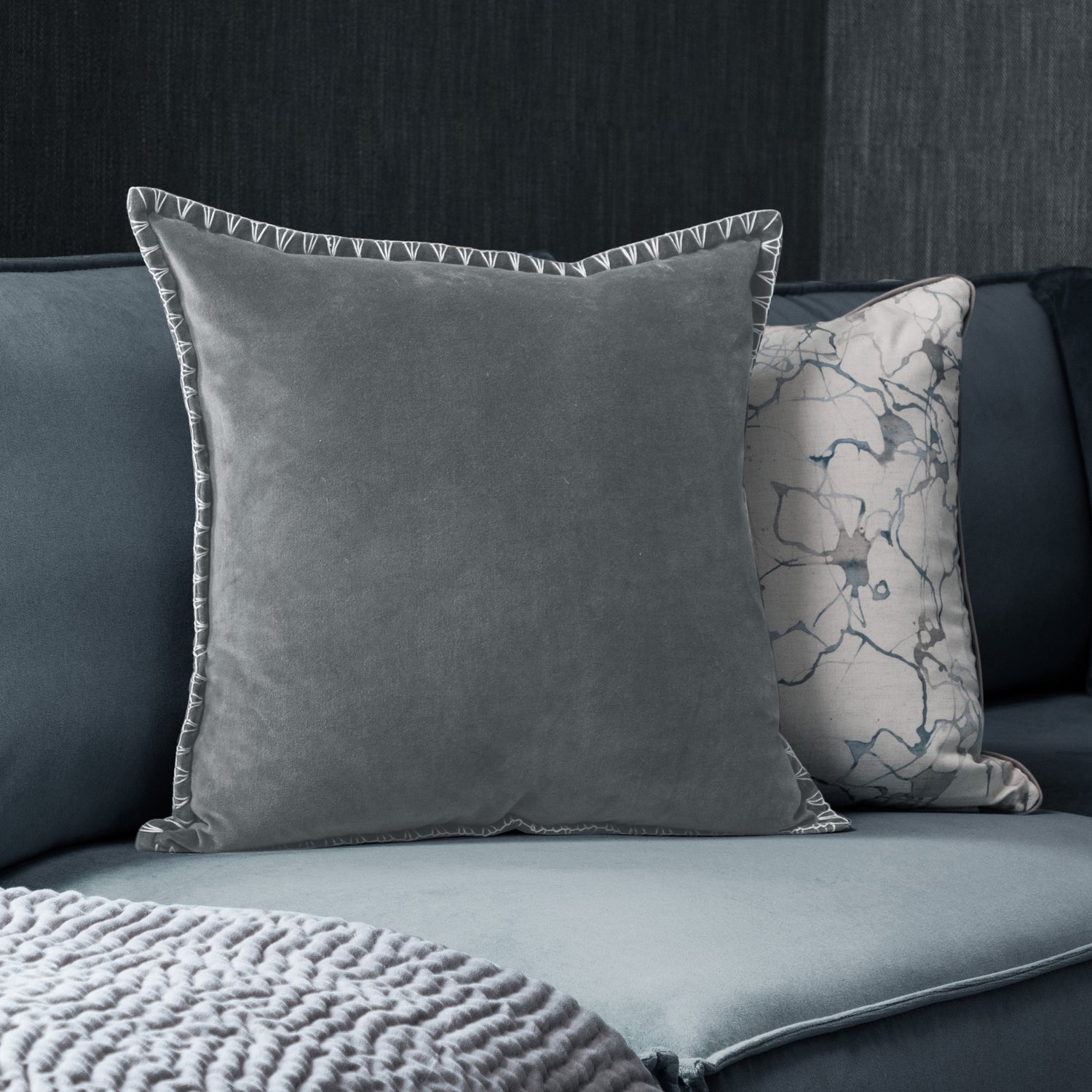 Voyage Maison Stitch Embroidered Velvet Feather Filled Cushion 50cm x 50cm Steel