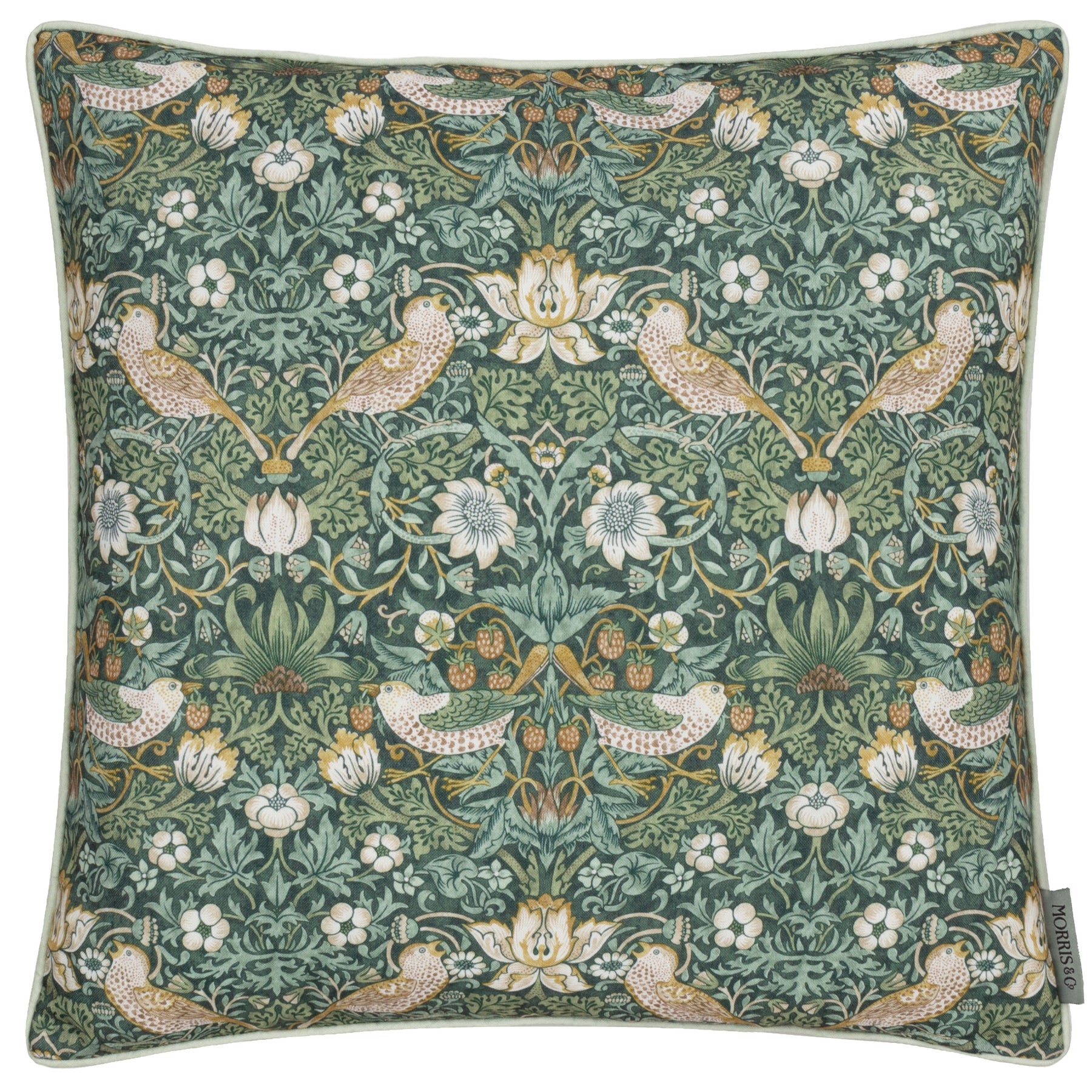 Morris & Co. Strawberry Thief Piped Outdoor 50cm x 50cm Filled Cushion Forest Green