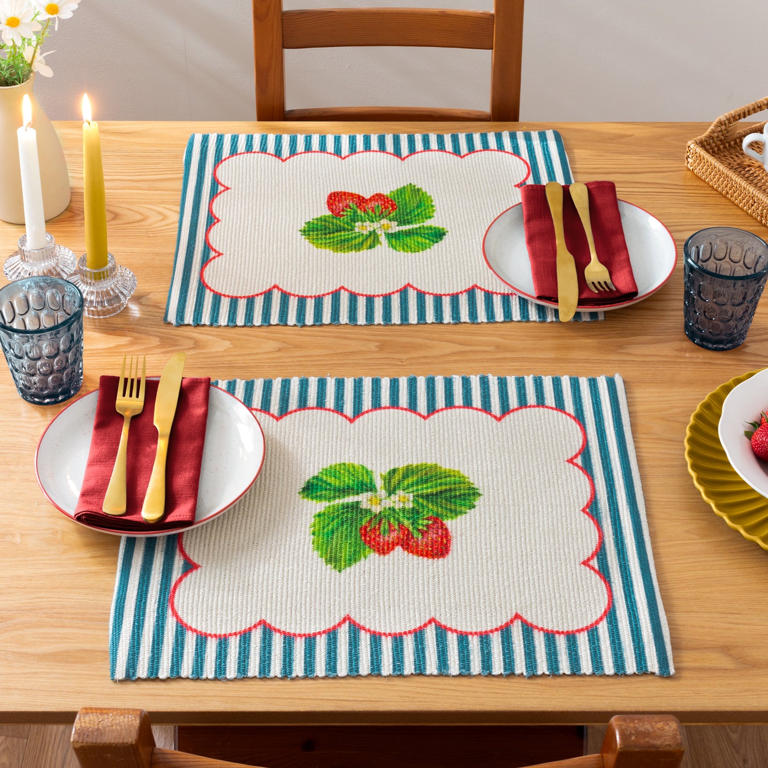 Strawberry Stripes Set of 4 Indoor Outdoor 46cm x 36cm Placemats Blue