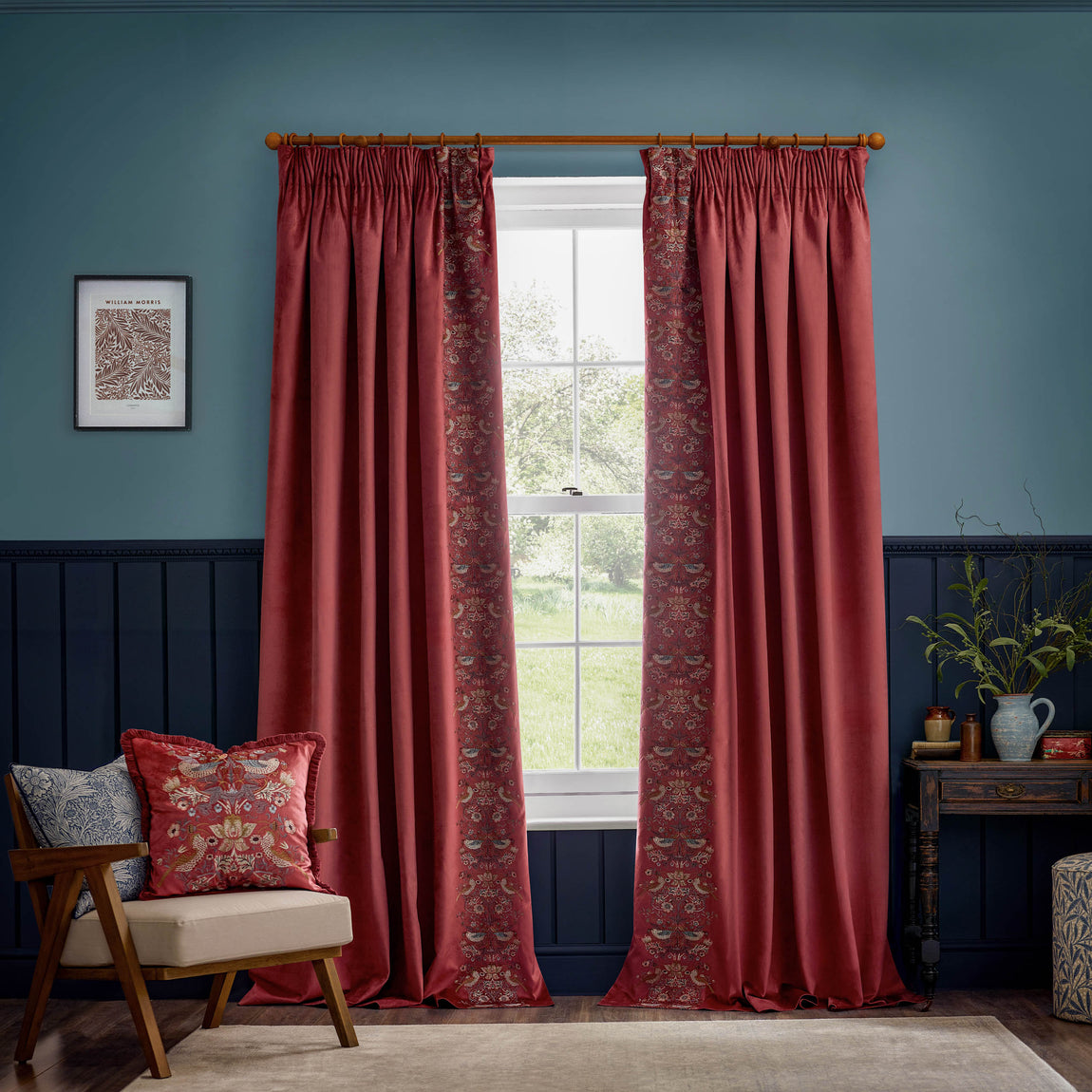 Morris & Co. Strawberry Thief Embroidered Velvet Ready Made Pencil Pleat Curtains Berry