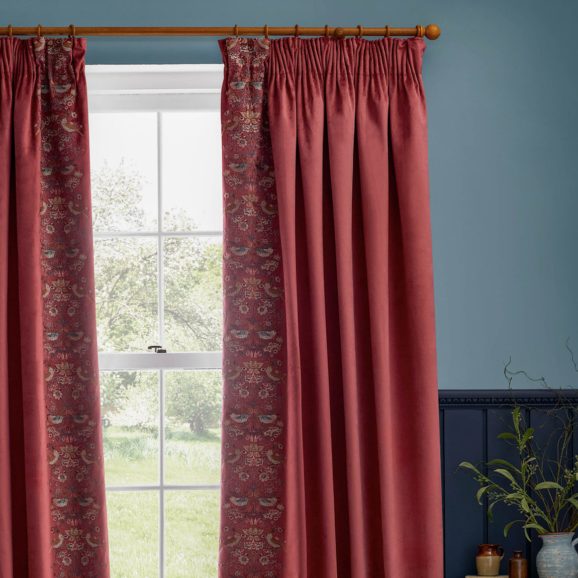 Morris & Co. Strawberry Thief Embroidered Velvet Ready Made Pencil Pleat Curtains Berry