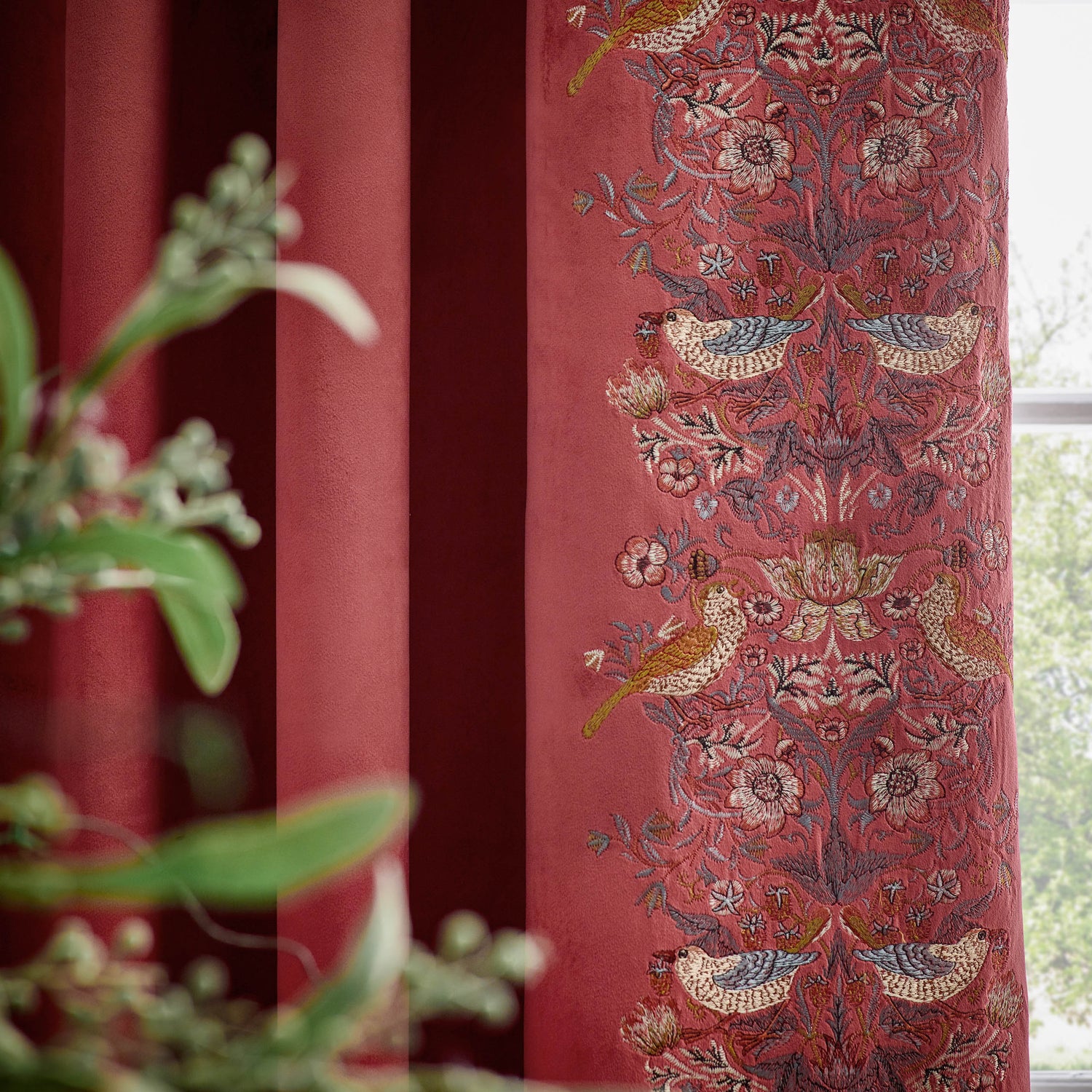 Morris & Co. Strawberry Thief Embroidered Velvet Ready Made Pencil Pleat Curtains Berry