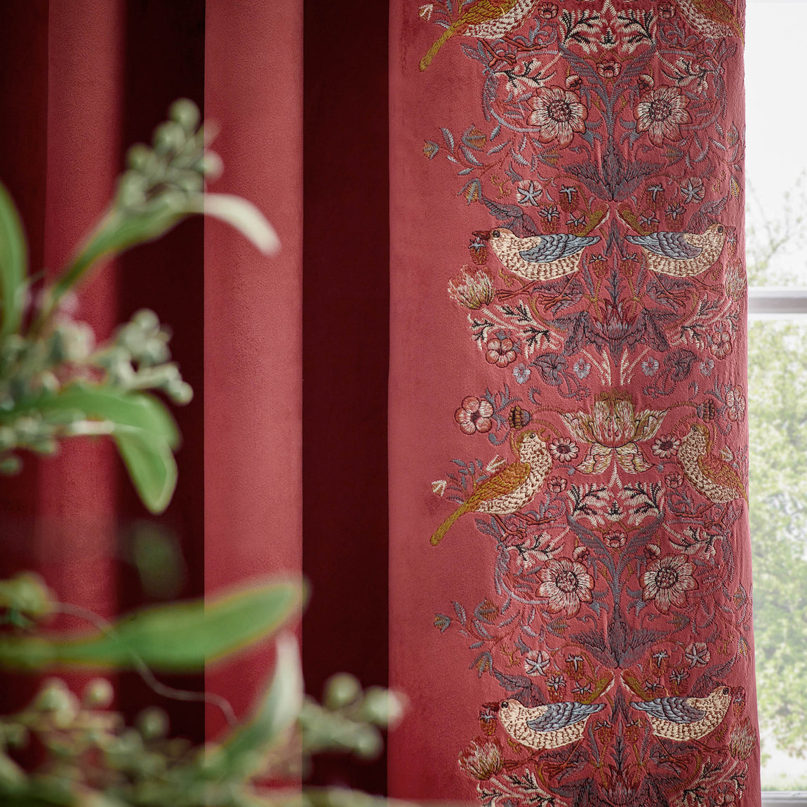 Morris & Co. Strawberry Thief Embroidered Velvet Ready Made Pencil Pleat Curtains Berry