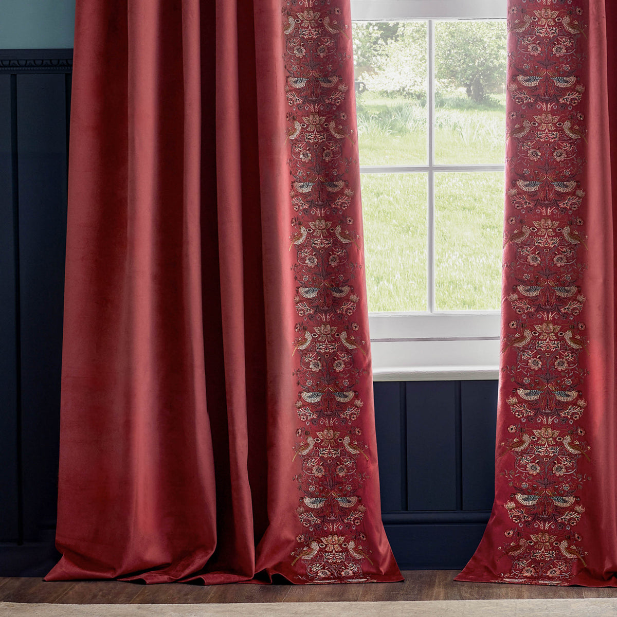 Morris & Co. Strawberry Thief Embroidered Velvet Ready Made Pencil Pleat Curtains Berry