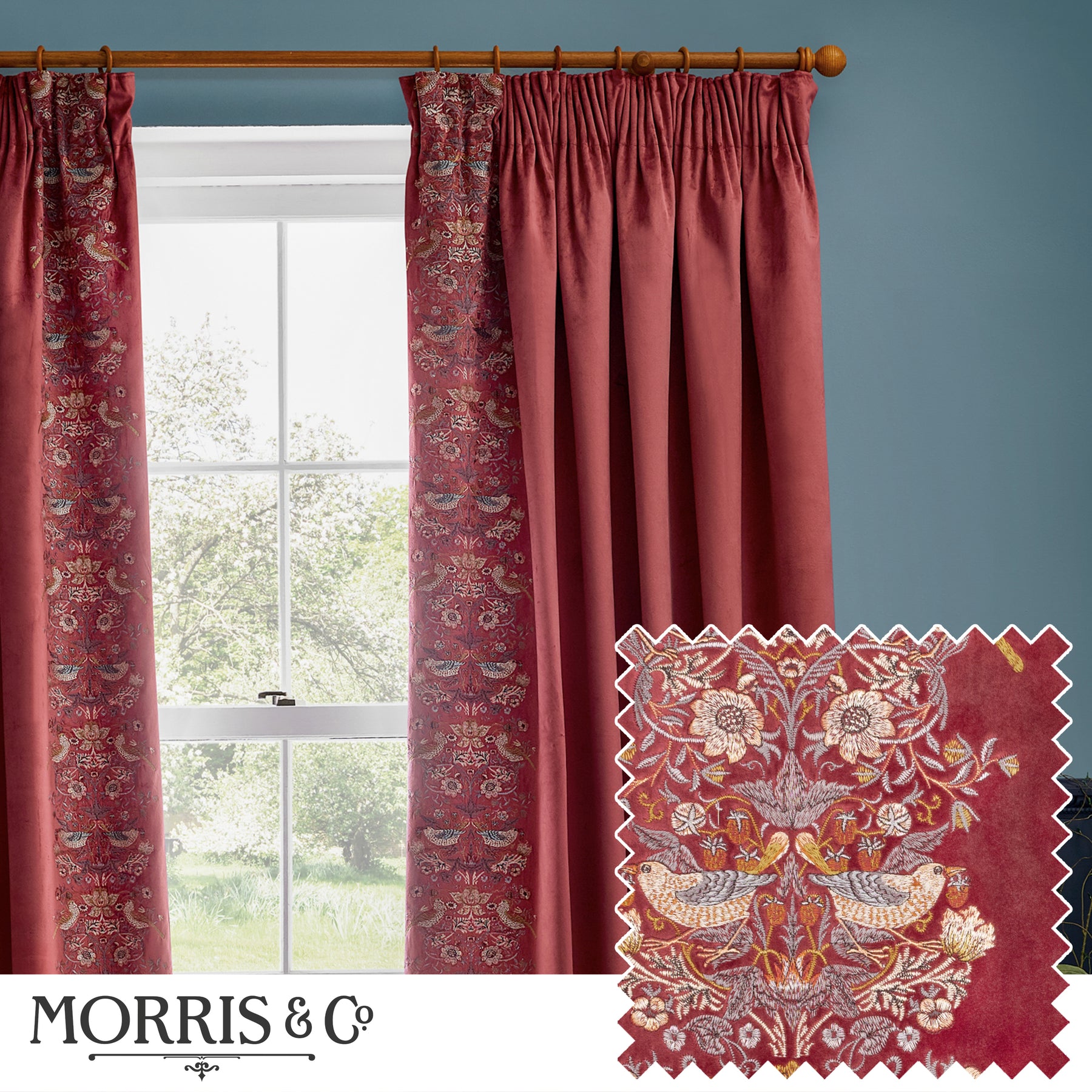 Morris & Co. Strawberry Thief Embroidered Velvet Ready Made Pencil Pleat Curtains Berry