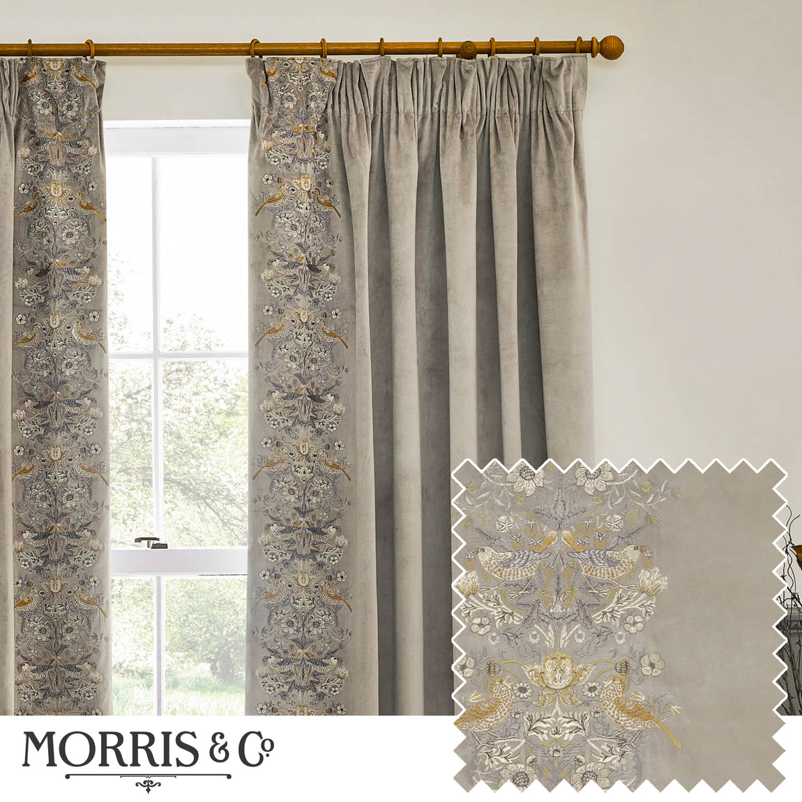 Morris & Co. Strawberry Thief Embroidered Velvet Ready Made Pencil Pleat Curtains Biscuit