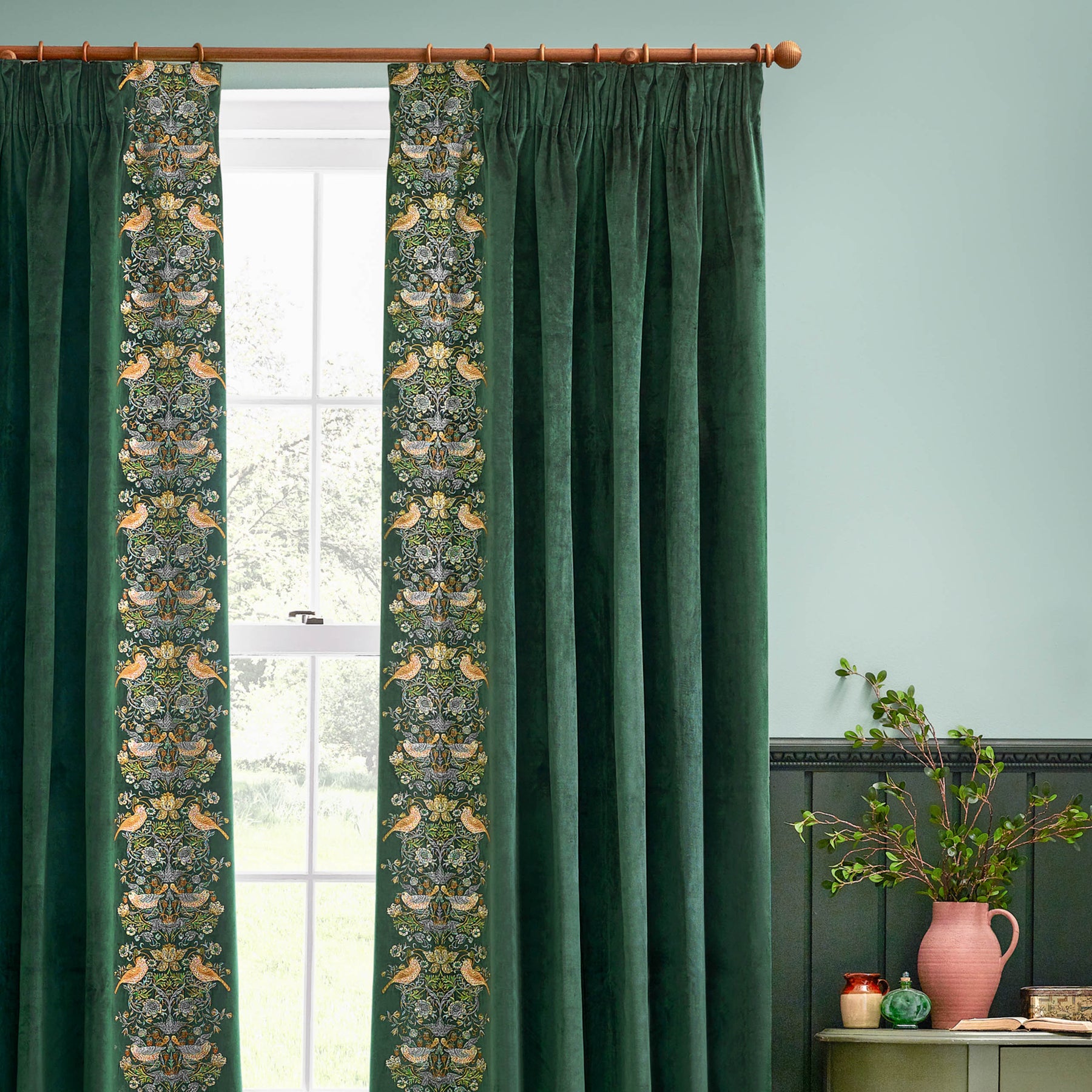 Morris & Co. Strawberry Thief Embroidered Velvet Ready Made Pencil Pleat Curtains Forest Green