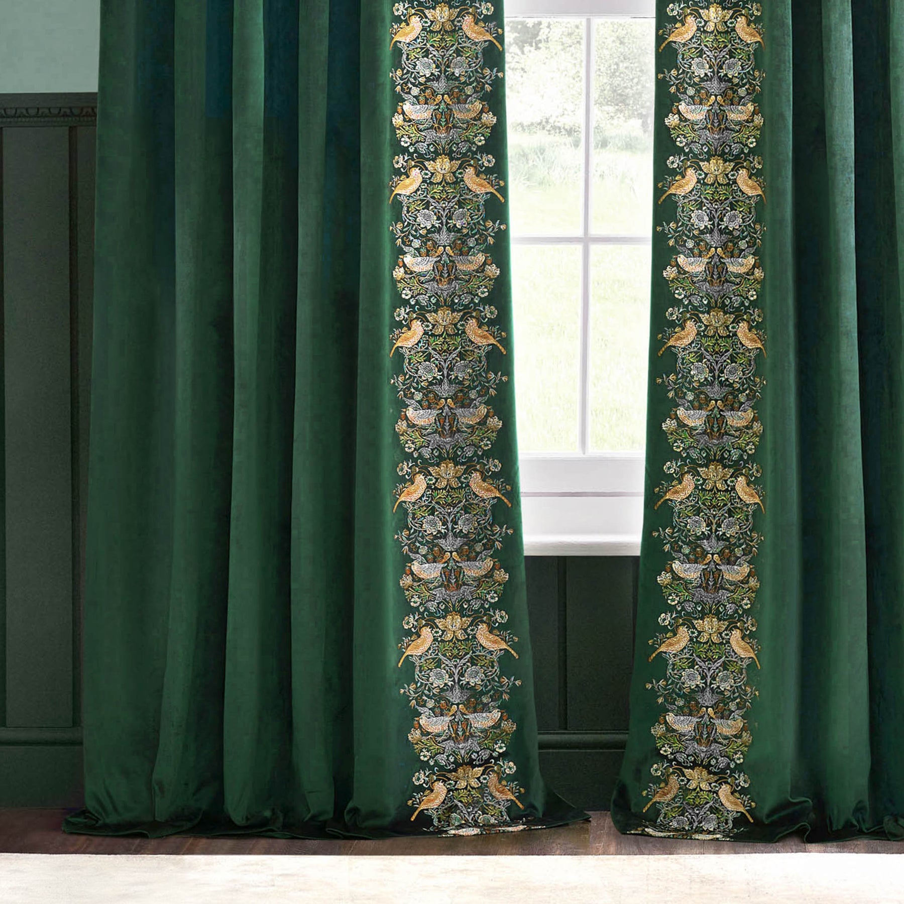 Morris & Co. Strawberry Thief Embroidered Velvet Ready Made Pencil Pleat Curtains Forest Green