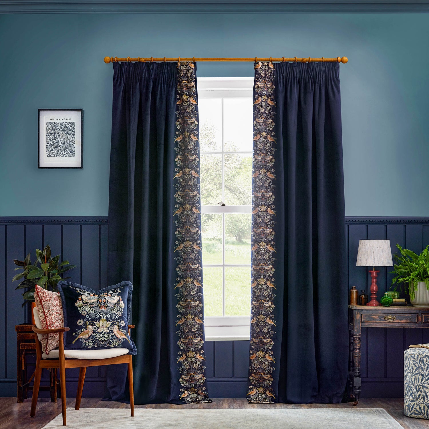 Morris & Co. Strawberry Thief Embroidered Velvet Ready Made Pencil Pleat Curtains Indigo