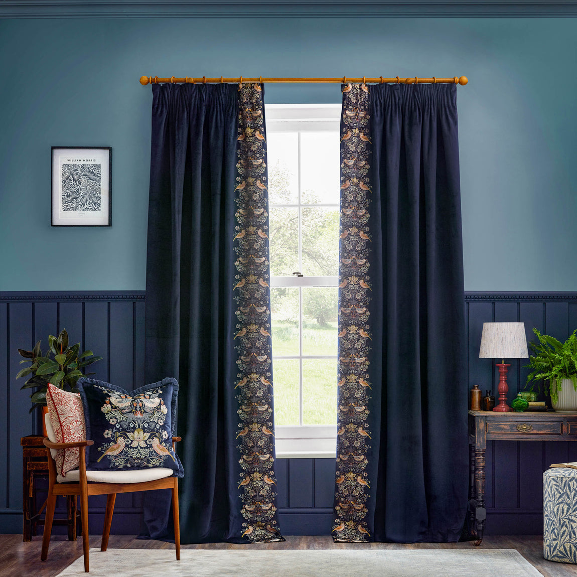 Morris & Co. Strawberry Thief Embroidered Velvet Ready Made Pencil Pleat Curtains Indigo