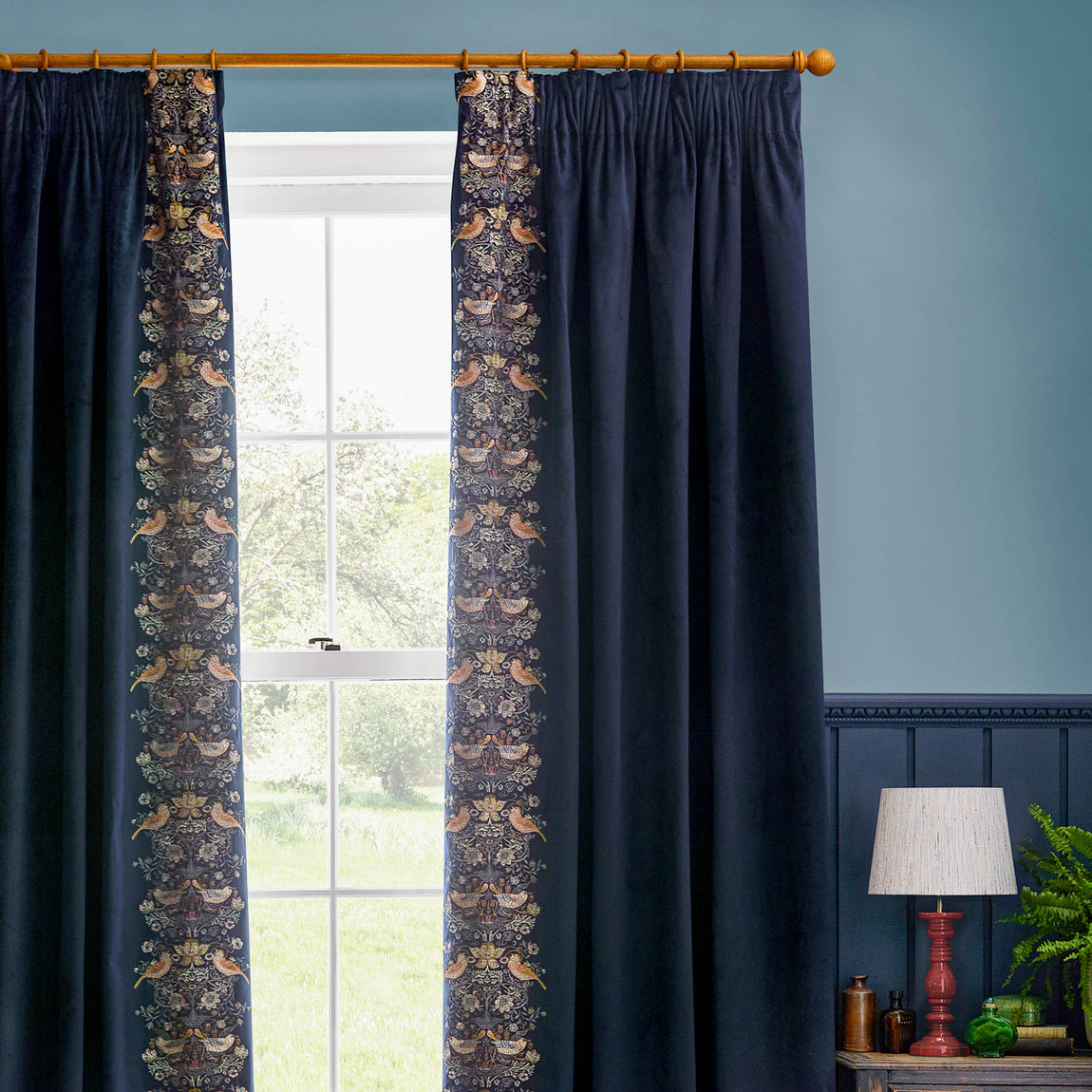 Morris & Co. Strawberry Thief Embroidered Velvet Ready Made Pencil Pleat Curtains Indigo