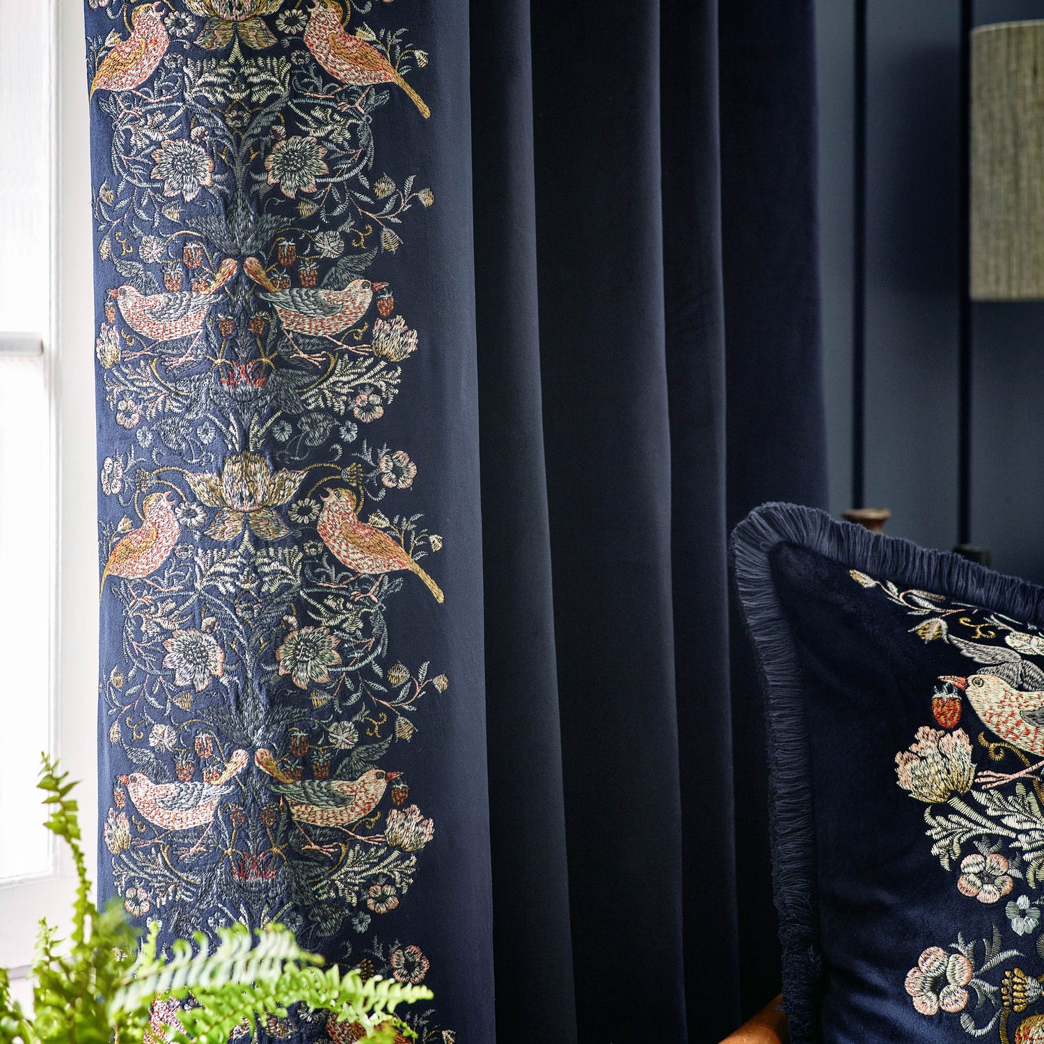 Morris & Co. Strawberry Thief Embroidered Velvet Ready Made Pencil Pleat Curtains Indigo