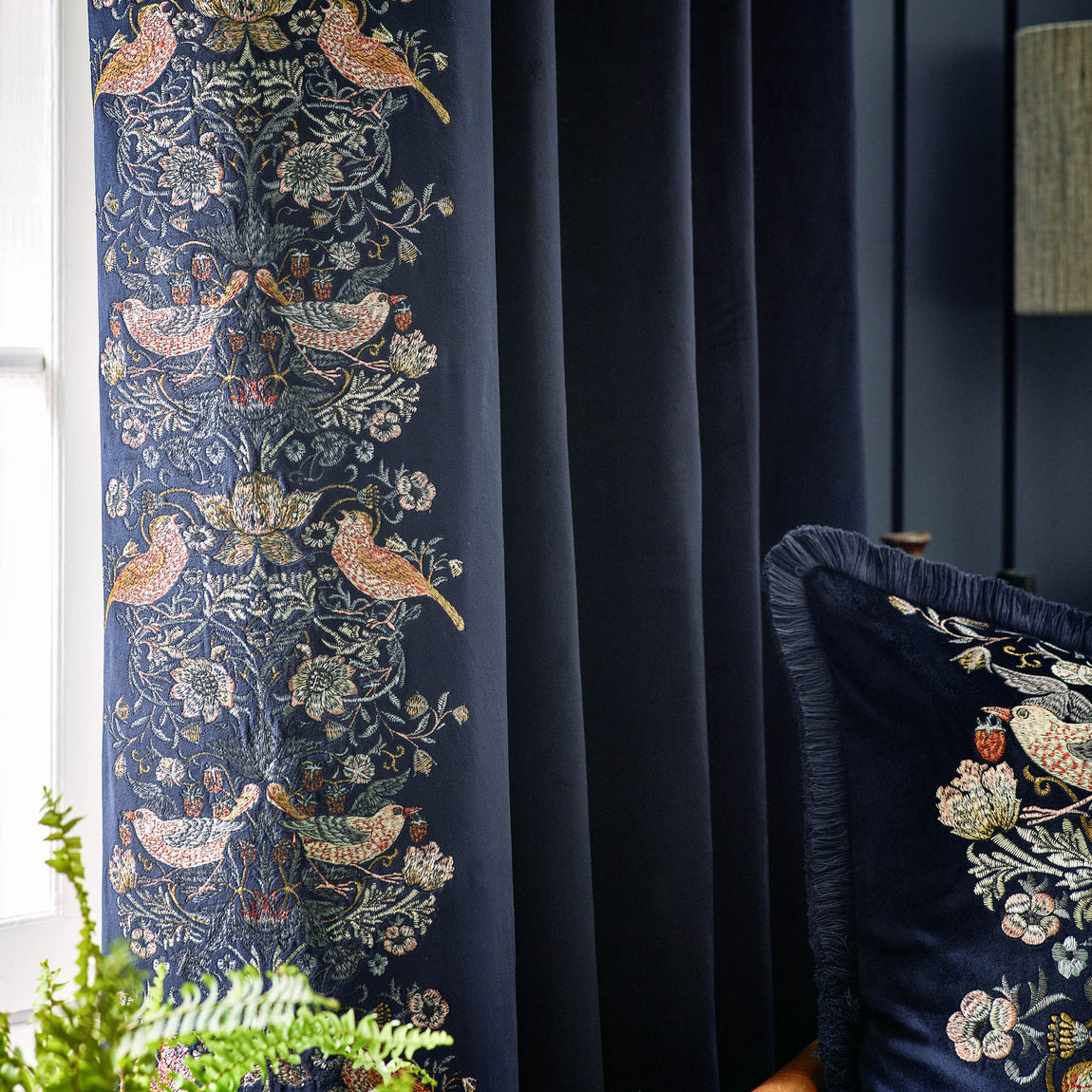 Morris & Co. Strawberry Thief Embroidered Velvet Ready Made Pencil Pleat Curtains Indigo