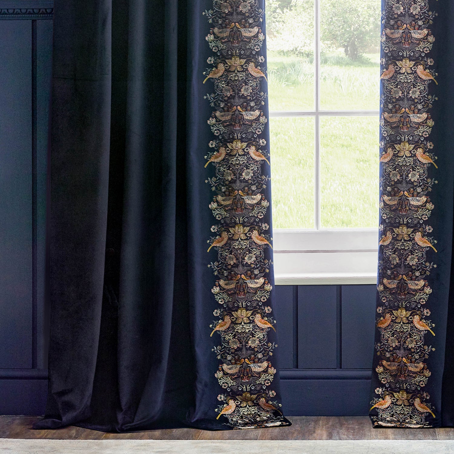 Morris & Co. Strawberry Thief Embroidered Velvet Ready Made Pencil Pleat Curtains Indigo