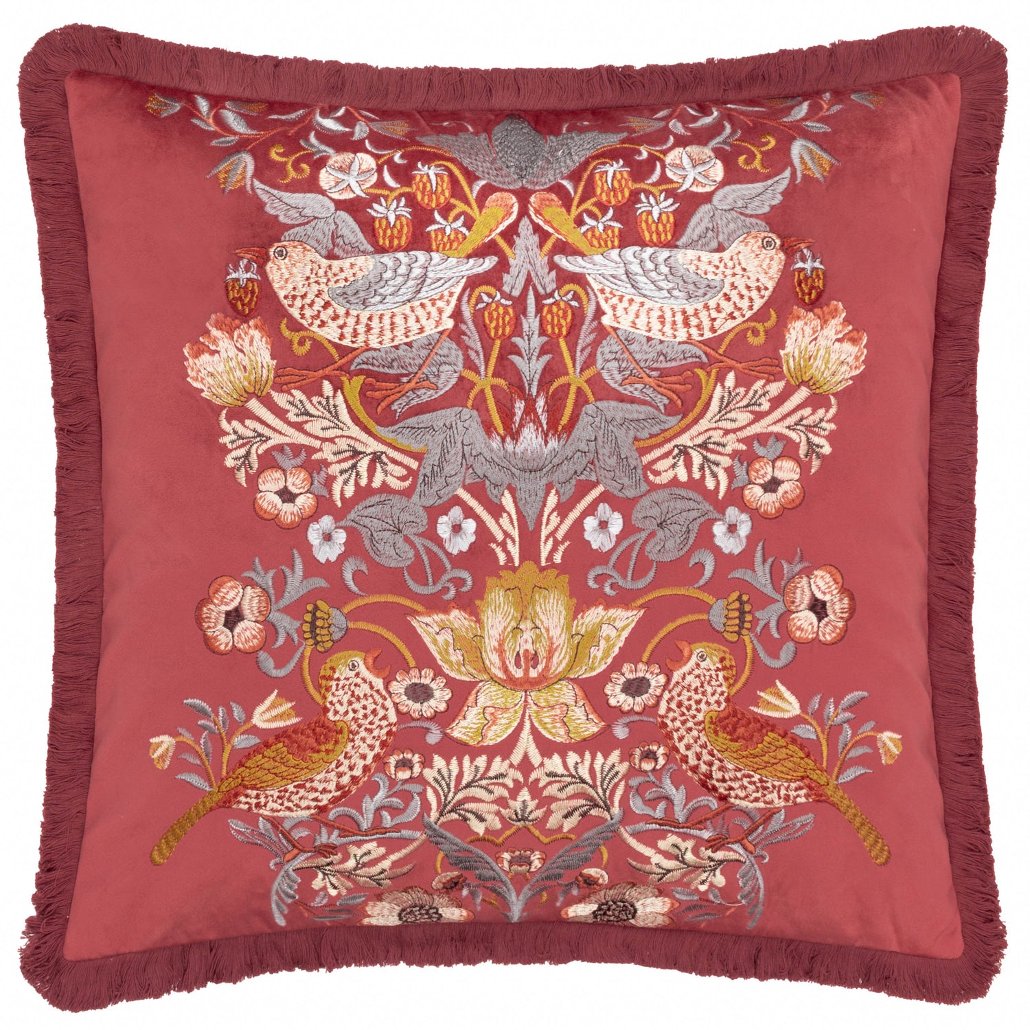 Morris & Co. Strawberry Thief Embroidered Velvet 50cm x 50cm Filled Cushion Berry